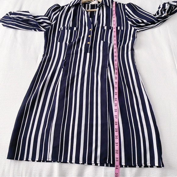 Navy Blue + White Vertical Stripe Shirtdress with Gold Buttons - Picture 3 of 11